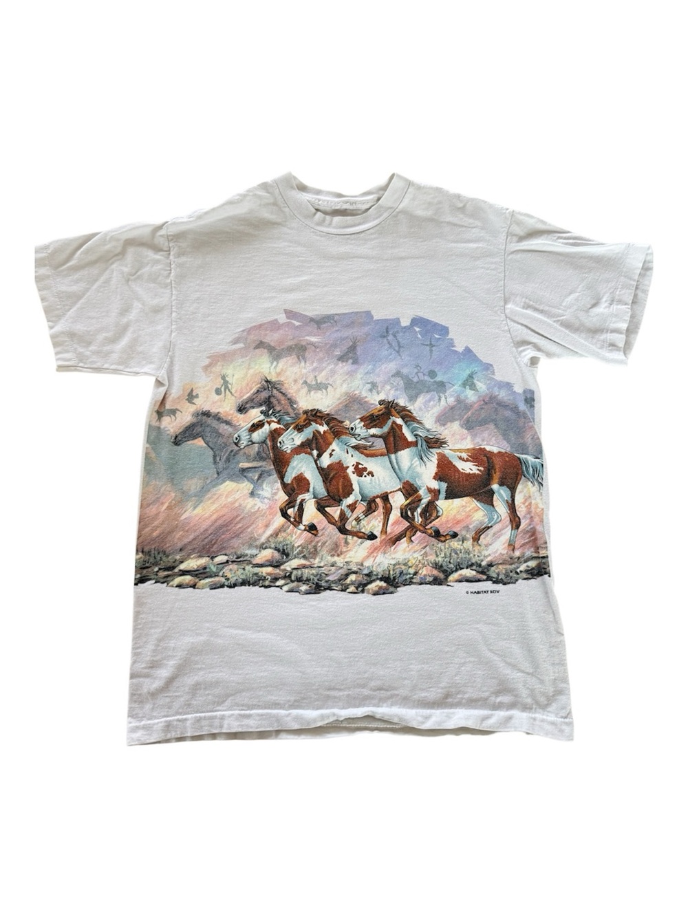 Vintage 90s Habitat Horses Running Single Stitch Large Print Back/Front Tee - M